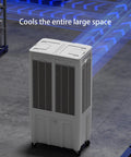 Portable Evaporative Air Cooler With Three Speed Settings And Ultra Quiet Motor For Home Office Or Garage Use, cooling large space, white tower design.