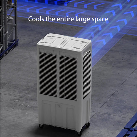 Portable Evaporative Air Cooler With Three Speed Settings And Ultra Quiet Motor For Home Office Or Garage Use, cooling large space, white tower design.