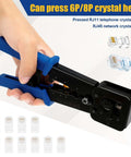 Hand holding RJ45 Crimp Tool Set for Ethernet Cabling Pro Grade Workhorse Crimping Tool with blue handles and connectors.