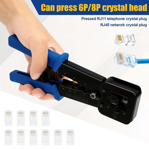 Hand holding RJ45 Crimp Tool Set for Ethernet Cabling Pro Grade Workhorse Crimping Tool with blue handles and connectors.