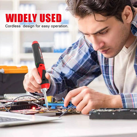 Man using Cordless Soldering Iron Kit 4V Rechargeable With 2000mAh Lithium Battery, Rapid Heat Up, LED Spotlight for repair