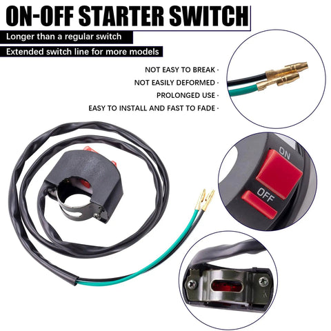 Universal Seven Eighth Inch Mini Bike Throttle Control Assembly Kit For Predator 212cc 196cc And GX160 GX200 Clones Coleman CT200U MB200 Axis M200 Tillotson Engines Go Kart Tiller Upgrade For Sick Performance on-off starter switch with cables and connectors.