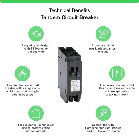 Homeline 15 Amp And 20 Amp Tandem Circuit Breaker For Home Wiring, 120 And 240 Volts AC, 10kA Breaking Capacity, Plug In Mount.