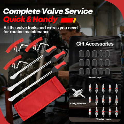 38 Piece Tire Spoon Tool Set Heavy Duty With 14.5 Inch And 11.5 Inch Levers Pro Grade Rim Protectors, valve tools, storage bag.