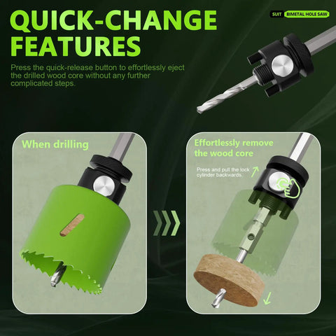 Quick-change feature of 19-Piece Bi-Metal Hole Saw Kit With Quick Change Arbors For Easy Hole Cutting In Wood Thin Metal PVC And More