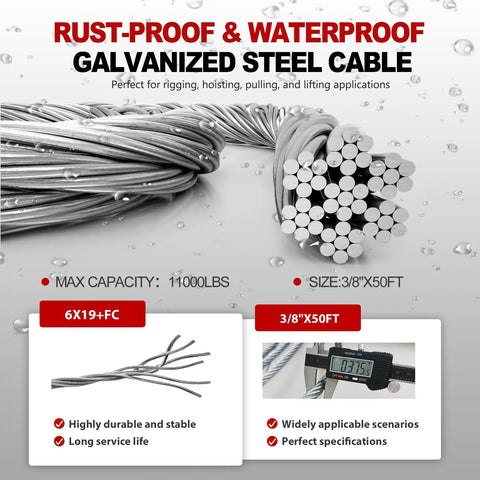Galvanized Steel Winch Cable For Towing And Recovery Three Eighths Inch Beefy Heavy Duty 10582 Lbs Breaking Strength With Swivel Hook And Dual Aluminum Rings 6x19 Strand Core For Crane Tow Truck 50 Feet, 3/8 x 50 ft coil