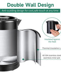 Portable Stainless Steel Electric Kettle 0.8L Mini Hot Water Boiler For Travel with double wall design and insulation layers.