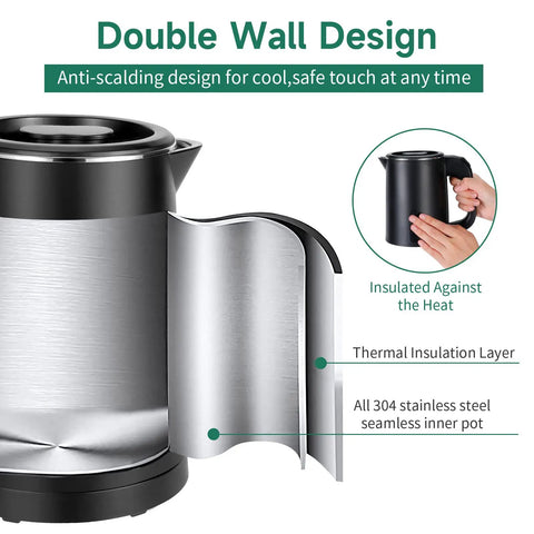 Portable Stainless Steel Electric Kettle 0.8L Mini Hot Water Boiler For Travel with double wall design and insulation layers.