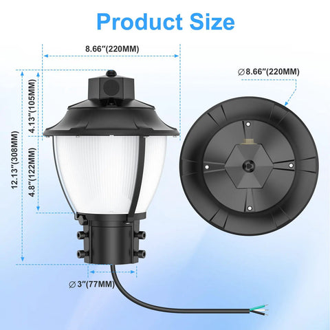 LED Post Top Light With Dusk To Dawn Photocell 5000K Daylight White No Glare Eye Friendly Outdoor Post Fixture dimensions