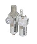 Workhorse Piggyback Half Inch NPT Air Filter Regulator Lubricator Combo With Gauge Manual Drain Poly Bowl and Metal Guard