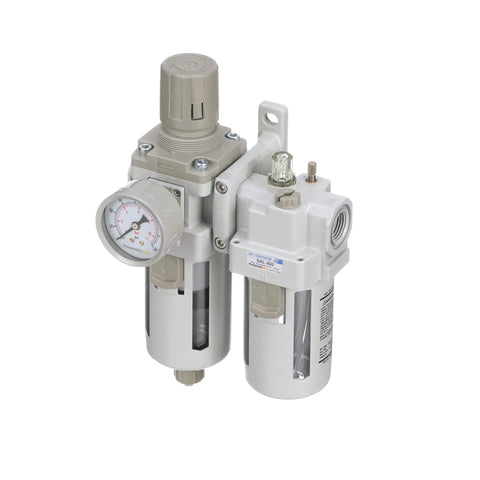 Workhorse Piggyback Half Inch NPT Air Filter Regulator Lubricator Combo With Gauge Manual Drain Poly Bowl and Metal Guard