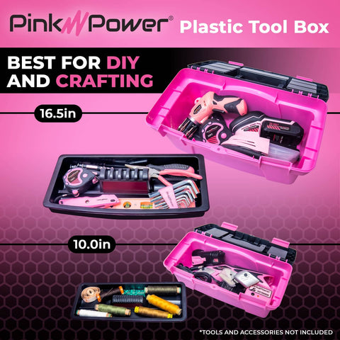 Pink Tool Box Set For Women, large 16.5 inch and small 10 inch plastic boxes with handles, locking lids, craft organizer, two pack