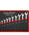 10-piece ratchet wrench set in red and black pouch, sizes 6-18mm, professional tools displayed for organized use