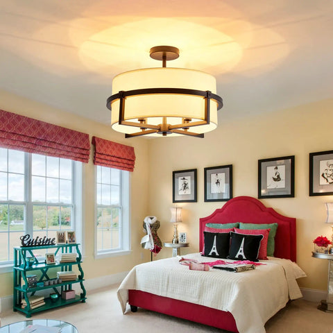 Four Light Modern Drum Chandelier With Fabric Shade, Semi Flush Mount Ceiling Light In Matte Black Iron in a bedroom setting