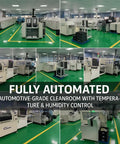 Collage of a fully automated automotive-grade cleanroom with temperature and humidity control equipment.