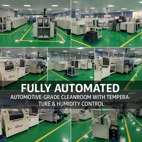 Collage of images showing a fully automated automotive-grade cleanroom with temperature and humidity control systems.