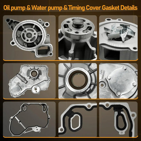 Oil and water pump components from the Chevy 2.4L Ecotec Timing Chain Kit With Water Pump, Oil Pump And VCT Gear For Equinox, Malibu.