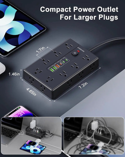 Heavy Duty 16 Outlet Surge Protector Power Strip With Six USB Ports Including USB-C And USB-A 6.5 Foot Flat Plug Extension Cord Overload Protection Ideal Home Office Charging Station For Desktops And Gadgets