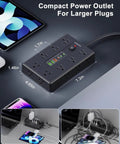 22 In 1 Ultra Flat Plug Power Strip With 16 Wide AC Outlets And 6 USB Ports Including 3 Type C Fast Charge A Handy Desk Or Home Office Power Hub That Can Run Up To 15 Devices At Once, black 7.2-inch flat power strip on desk