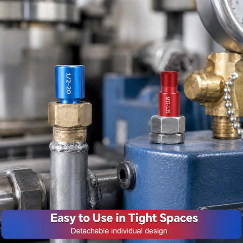74 Piece Nut And Bolt Thread Checker Gauge With Detachable Bits, 39 Inch And 35 Metric Rustproof Size Finder, Screw Identifier Tool For Measuring In Tight Narrow Spaces And Hard To Reach Areas showing blue and red thread gauges on bolts