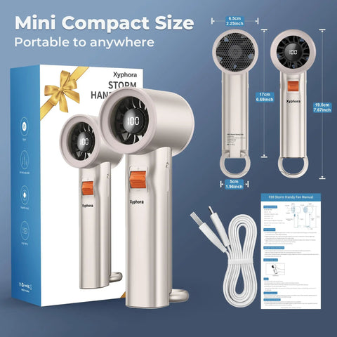 On The Go Turbo Handheld Fan For Outdoor Adventures With 5000mAh Battery, Powerful Airflow, 100 Speed Levels, with box and manual