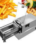 Professional Electric Potato Chip Cutter And Commercial French Fry Slicer Machine Made With Durable Stainless Steel Blade For Home Kitchen Business Use 10mm Cut Size Easy To Clean Automatic Vegetable Chopper Device with fries in background.