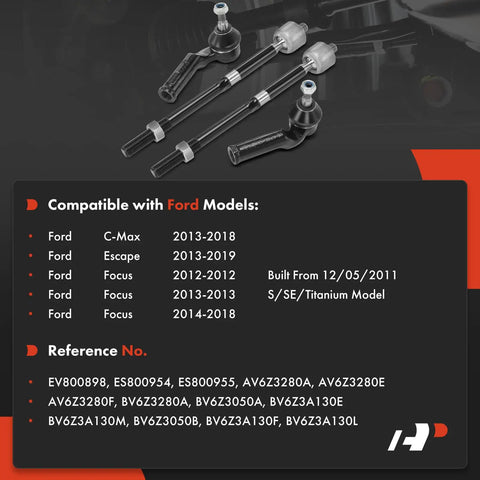 Front Inner and Outer Tie Rod End Kit for Ford Focus 2012 2018 Escape 2013 2019 and C Max 2013 2018, steel set