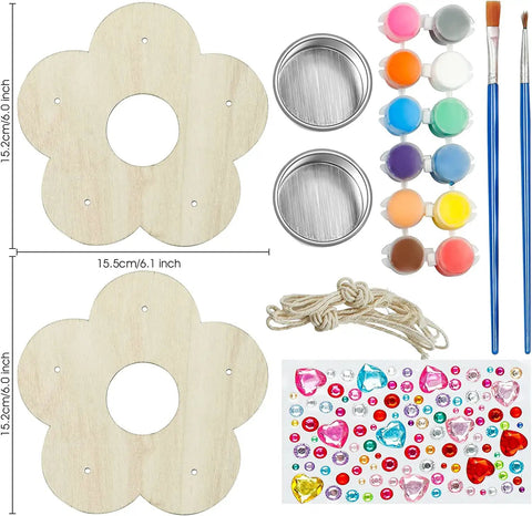 Two Pack Diy Wooden Bird Feeder Craft Kits For Kids Outdoor Fun including wooden pieces, paints, brushes, strings.