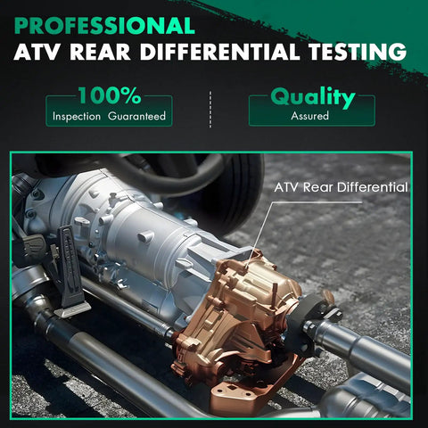 ATV rear differential assembly with pipes, showing quality inspection for Heavy Duty Rear Final Gear Differential Assembly Fits Honda Rancher 420 Atv 2007 To 2013 Factory Spec Replacement 41300Hp560 Drop In Bulletproof Swap Kit.