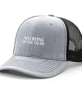 Vintage Heather Grey Trucker Hat For Women, Yacht Inspired Summer Cap with mesh back, adjustable buckle, front text "No Crying On The Yacht"