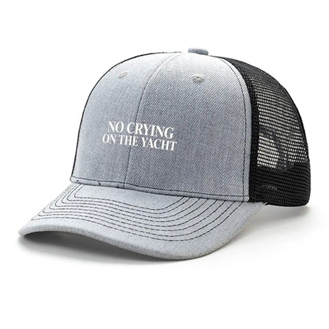 Vintage Heather Grey Trucker Hat For Women, Yacht Inspired Summer Cap with mesh back, adjustable buckle, front text "No Crying On The Yacht"