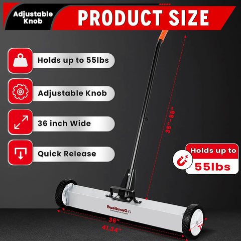36 Inch Rolling Magnetic Sweeper With Wheels Tackles Nails And Ferrous Debris Fast 55 Lb Heavy Duty Magnet Pickup Long Adjustable Telescoping Handle For Garage And Yard Cleanup