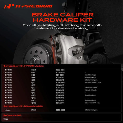Premium Front Side Disc Brake Hardware Kit For Infiniti FX50 And G37 Plus Nissan 370Z Q50 Q60 Q70 Models Keeping Your Ride Snappy And Safe With Heavy Duty Clamps And Slides That Make A Real Difference. brake caliper hardware kit with rotor and caliper, for Infiniti and Nissan models