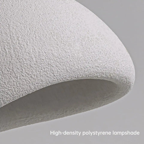 Close-up of matte white high-density polystyrene lampshade, Wabi Sabi 40cm Pendant Light Lit For Dining Room, Kitchen Island, And Hallways.