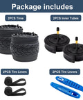 2-Pack 700C Gravel Bike Tire Set With Schrader Tubes And 2 Rim Strips, includes block tread tires, tubes, levers, and liners.
