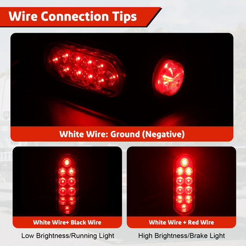 Heavy Duty Steel Trailer Light Kit with 6" oval and 2" round red LED lights showing wire connection tips and LED brightness levels.