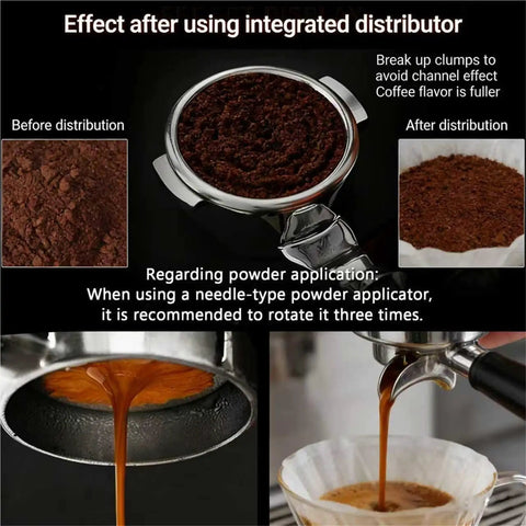 Effect of using 58mm Rotary Espresso WDT Tool Kit With Stainless Steel Powder Distributor and Clump Busting Stirrer. Before and after distribution.