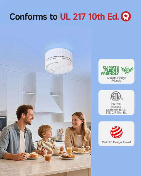 Photoelectric Battery Operated Smoke Alarm For Home, UL 217 10th Edition Certified, Red Dot Award Winning Smoke Detector With Low Profile Design, So Easy To Install, Keeping Your Family Safe In A Modern Pad. Ceiling-mounted white ABS+PC smoke alarm above family kitchen