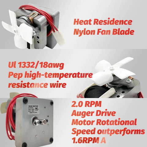 2.0 RPM Auger Motor Replacement For Pellet Grills - 110V AC 60Hz Heavy Duty High Torque Feeder Drive To Stop Jams And Fix Low Temp Issues with nylon fan blade and high-temp wire