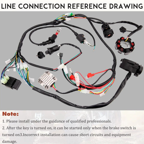 Gy6 150cc Wiring Harness Kit for ATVs with magneto stator, CDI box, solenoid, and rectifier; clear line connection diagram