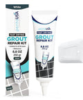 White Premixed Acrylic Sanded Grout Filler Kit For Tile Repairs In Bathrooms Showers And Kitchens With Water Resistant Tube And Applicator Fills Cracks And Gaps Fast Drying Eight Point Eight Ounce 250g tube and applicator with packaging box.