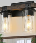 Farmhouse Wood Black Vanity Light Fixture Dope Two Light Rustic Wall Sconce With Clear Glass Shade over mirror