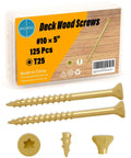 Heavy Duty Ten By Five Inch Exterior Deck Screws In Tan Coated Carbon Steel Paired With T25 Torx Star Drive For Pressure Treated Lumber Badass Grip And Zero Cam Out Headaches 125 Pack with packaging and screws displayed.