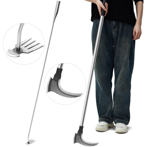 Long Reach Weed Puller Tool Set 2 Pack, 47 Inch Stand Up Metal Handle With Manganese Steel Double Scythe And Stainless Weeder displayed