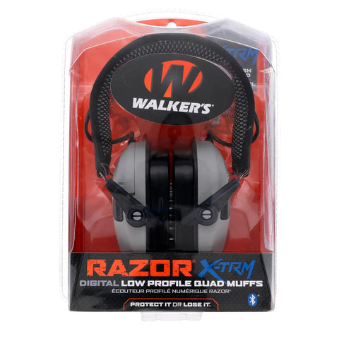 Razor Digital XTRM Bluetooth Hunting Earmuffs in retail packaging with sound enhancing tech and gel earpads