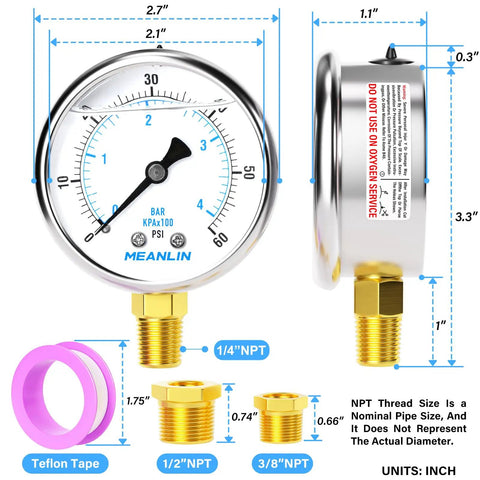 Stainless Steel Liquid Filled Pressure Gauge 2 1/2 Inch Dial 0-60 Psi Lower Mount 1/4 Inch NPT Pack of 2 With 1/2 Inch And 3/8 Inch NPT Hex Bushings