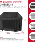 70 Inch Outdoor Grill Cover Heavy Duty Waterproof Protector For Gas Grills All Weather Fade Resistant Durable Barbecue Shield Fits Most 4 To 6 Burner Grills Up To 68 Inches Black, showing dimensions and compatibility diagram.