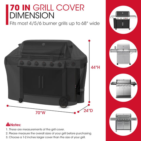 70 Inch Outdoor Grill Cover Heavy Duty Waterproof Protector For Gas Grills All Weather Fade Resistant Durable Barbecue Shield Fits Most 4 To 6 Burner Grills Up To 68 Inches Black, showing dimensions and compatibility diagram.