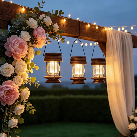 Two Pack Solar Lanterns Outdoor Lighting For Patio And Garden hanging with warm glow under floral archway