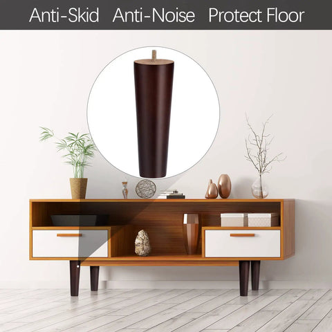 8 Inch Round Solid Wood Furniture Legs Set Brown 8 Pieces With M8 T Nuts Screws Insert Nuts and Felt Non Slip Pads Replacement Sofa Couch Armchair Cabinet Dresser Leg Kit For DIY Projects displayed with cabinet